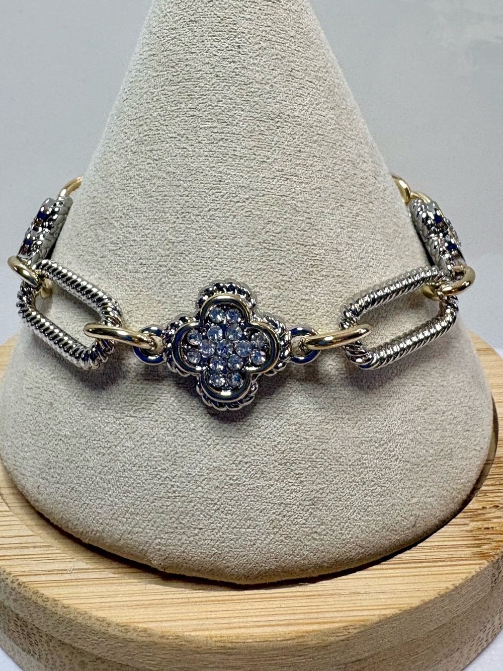 14k Gold Filled Two-Tone Silver & Gold Floral Crystal Link Toggle Bracelet.